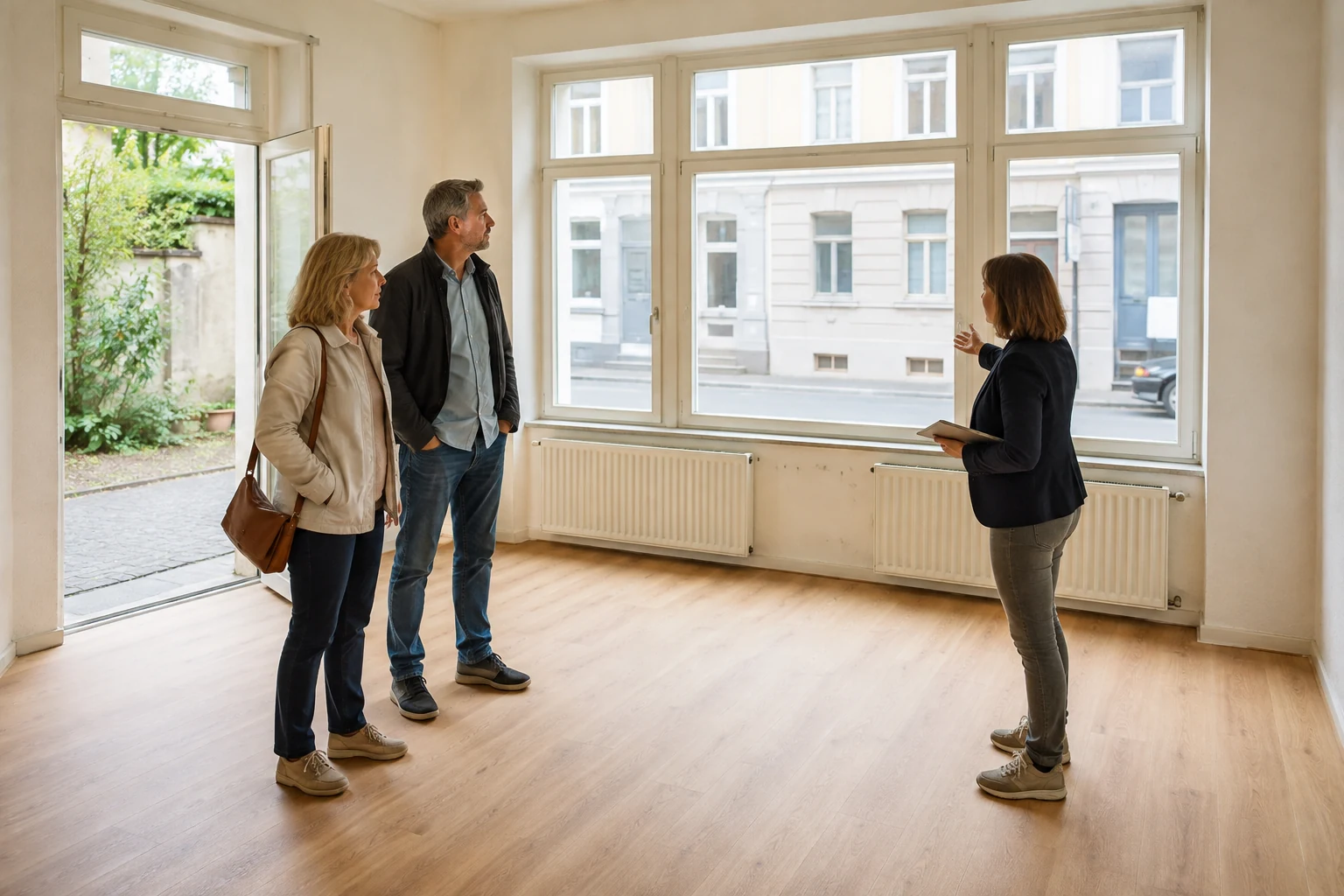 Kaufinteressenten und Beraterin besichtigen einen hellen Erdgeschossraum eines Stadthauses