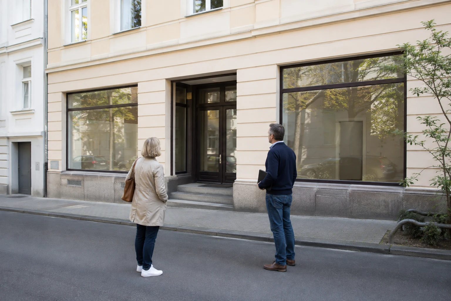 Eigentümerin und Berater betrachten Fassade und Erdgeschoss eines Stadtgebäudes