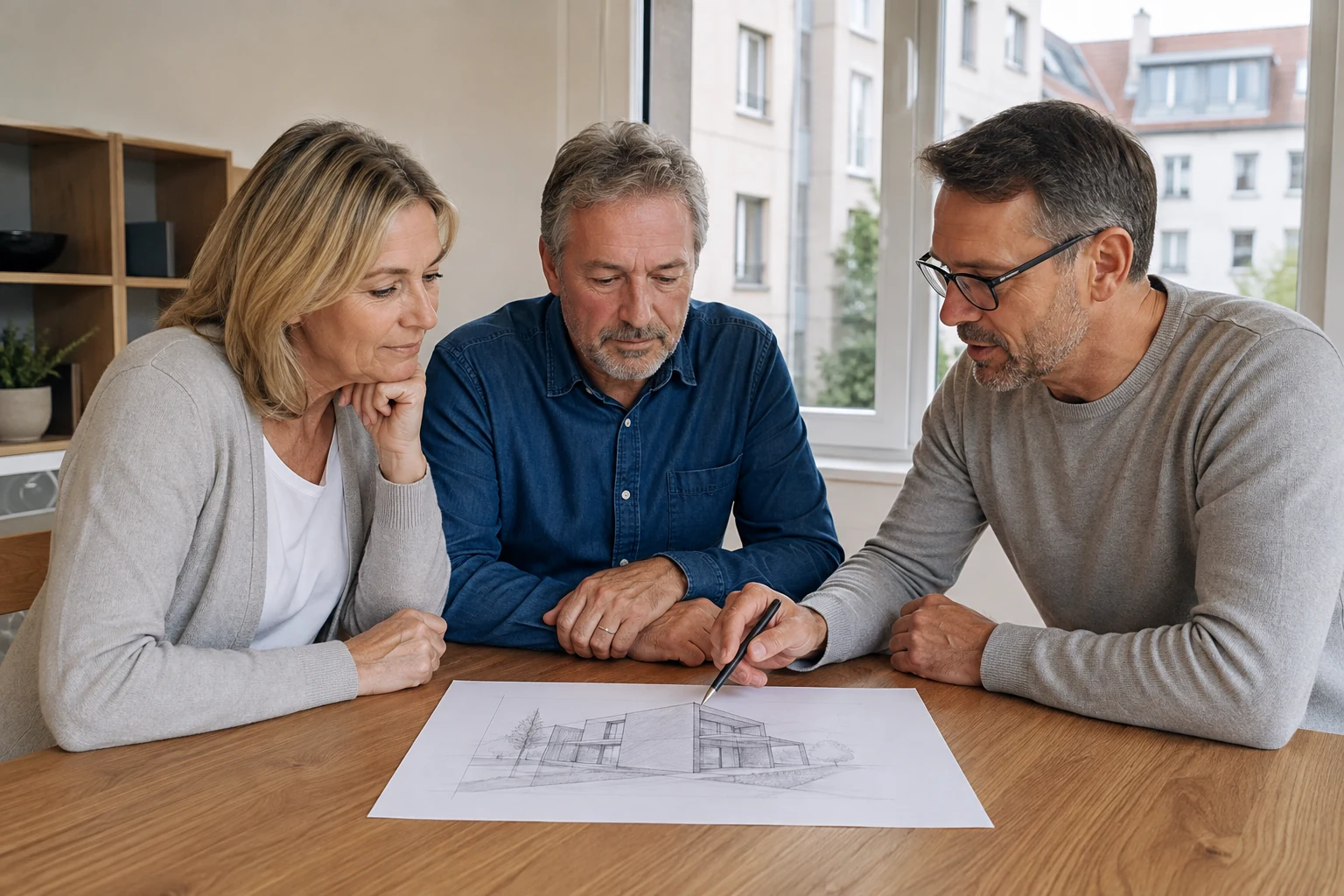 Eigentümerpaar und Berater betrachten eine Zeichnung ihres Stadtgebäudes
